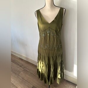 Jessica olive green maxi dress with flare, sparkly sequins SZ 14 cotton boho